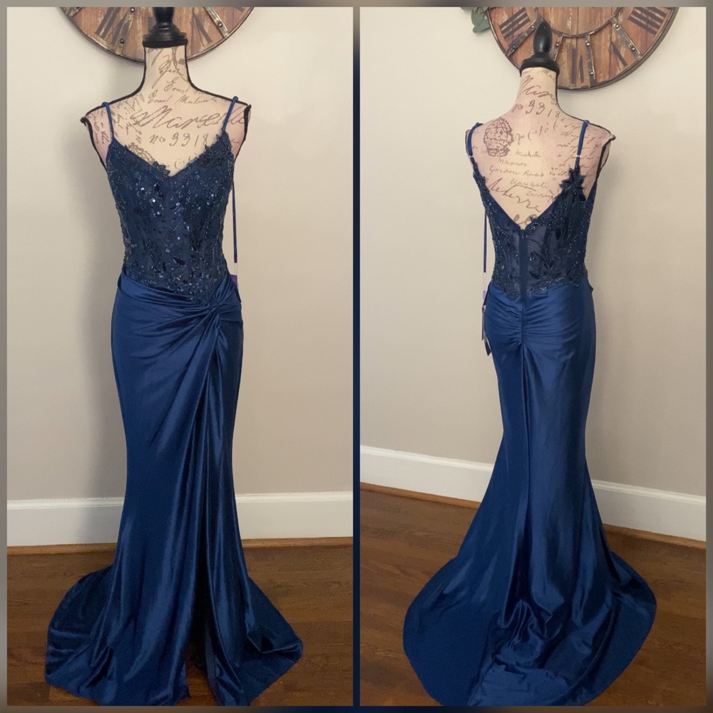 Navy blue corset prom dress, formal dress and evening gown